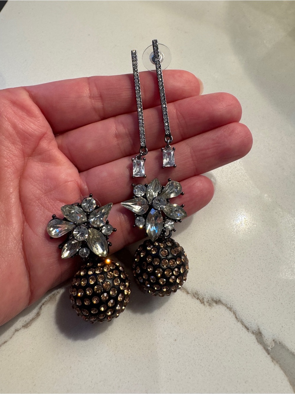Express Silver Crystal Floral Drop Earrings with Bronze Ball Accents
